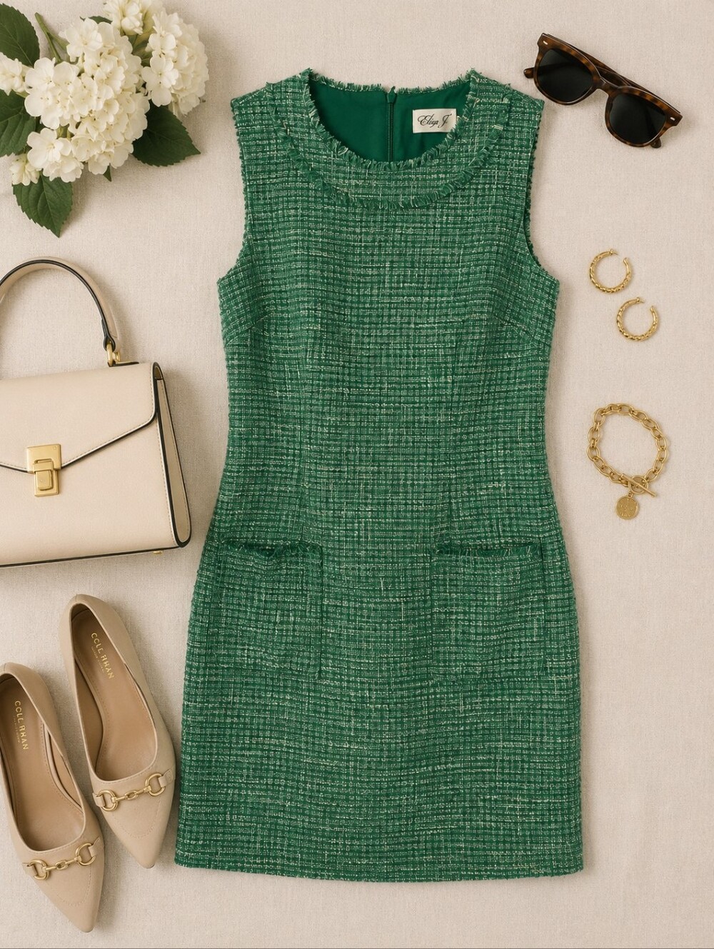 Eliza J NWOT Sleeveless Lined Zip Back Green Tweed Sheath Dress. Ladies 8